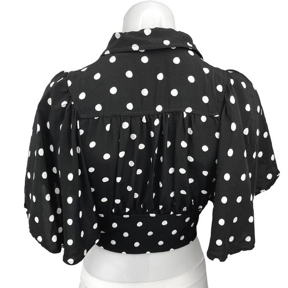 Anthropologie Black Polka Dots Button Collar Tie Waist Crop Top Blouse Shirt 0 - Picture 3 of 6